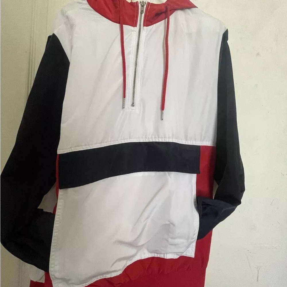 NWOT Forever 21 Men Pullover Red White Blue Hood Windbreaker Jacket Pullover Med